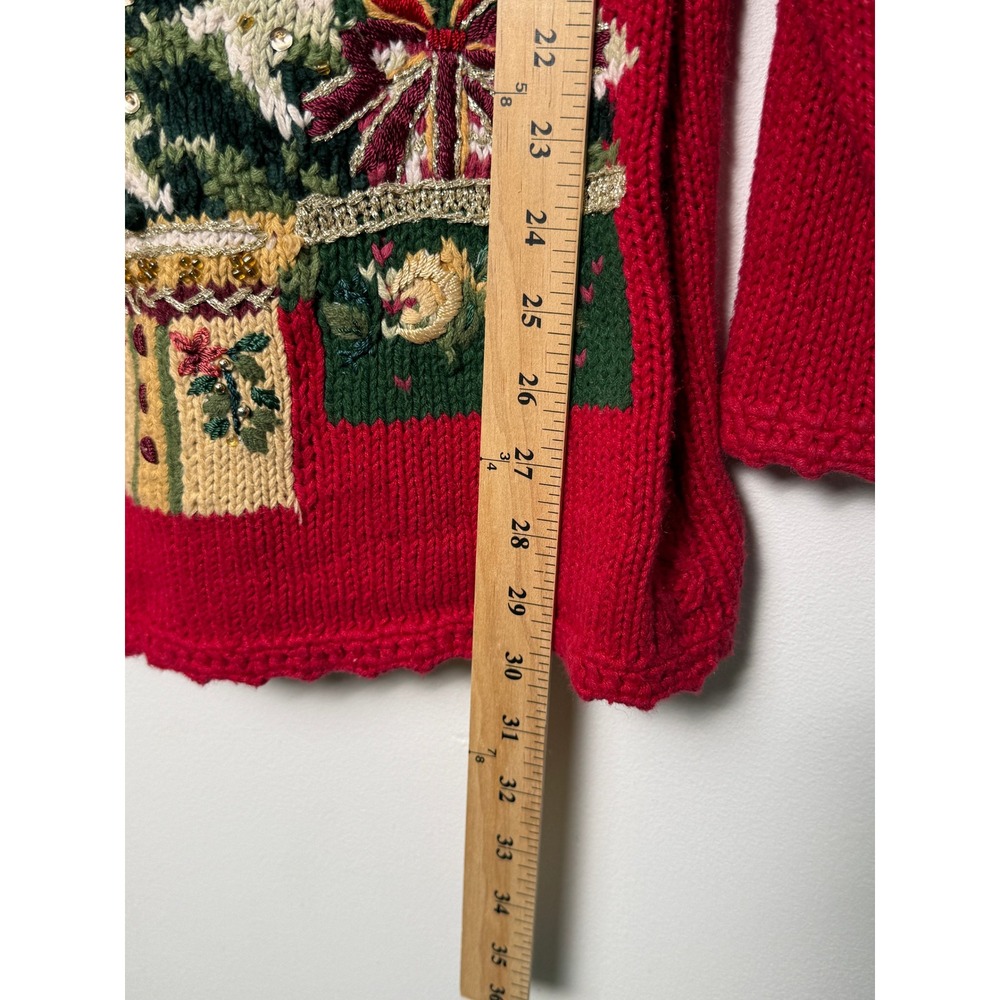 Red Vintage Christmas Tree Embroidered Beaded Sweater Large Stitches In Time - Picture 5 of 7